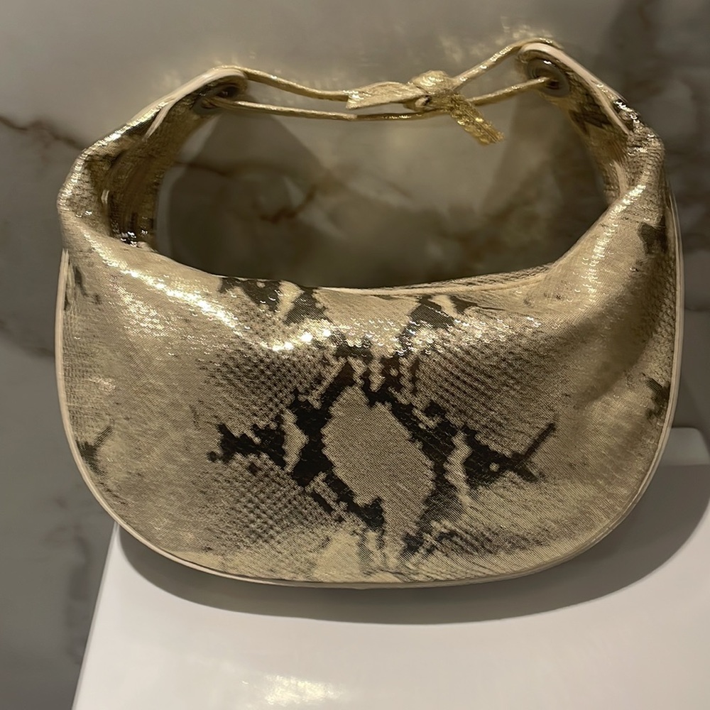 Donald J Pliner metallic gold baguette shoulder handbag snakeskin print